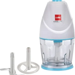 Cello Chop-N-Chop Slice Multi Functional Electric Chopper |Stainless Steel Blades |Low Noise & One Touch Button | Electric Vegetable & Fruit Chopper | White & Blue 300W