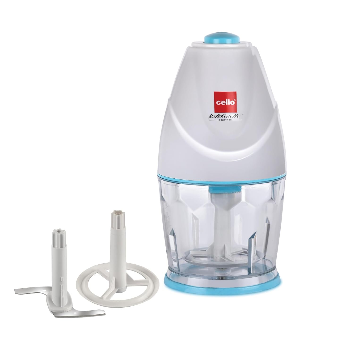 Cello Chop-N-Chop Slice Multi Functional Electric Chopper |Stainless Steel Blades |Low Noise & One Touch Button | Electric Vegetable & Fruit Chopper | White & Blue 300W