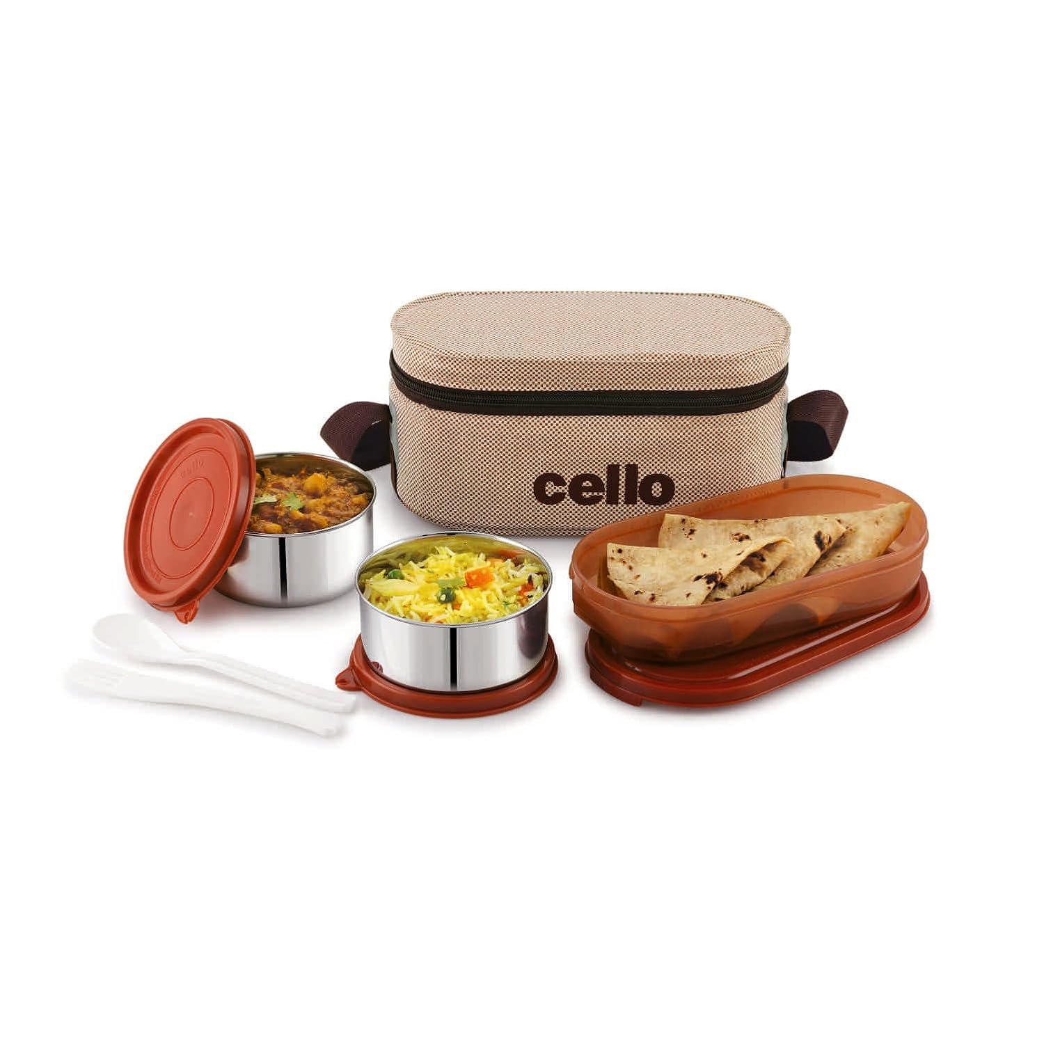 CELLO Bite Buddy Lunch Box with Jacket | 3 Plastic Containers with Steel,tiffin Inner | Microwave Safe & Leak Proof Containers | Full Meal and Easy to Carry | Brown