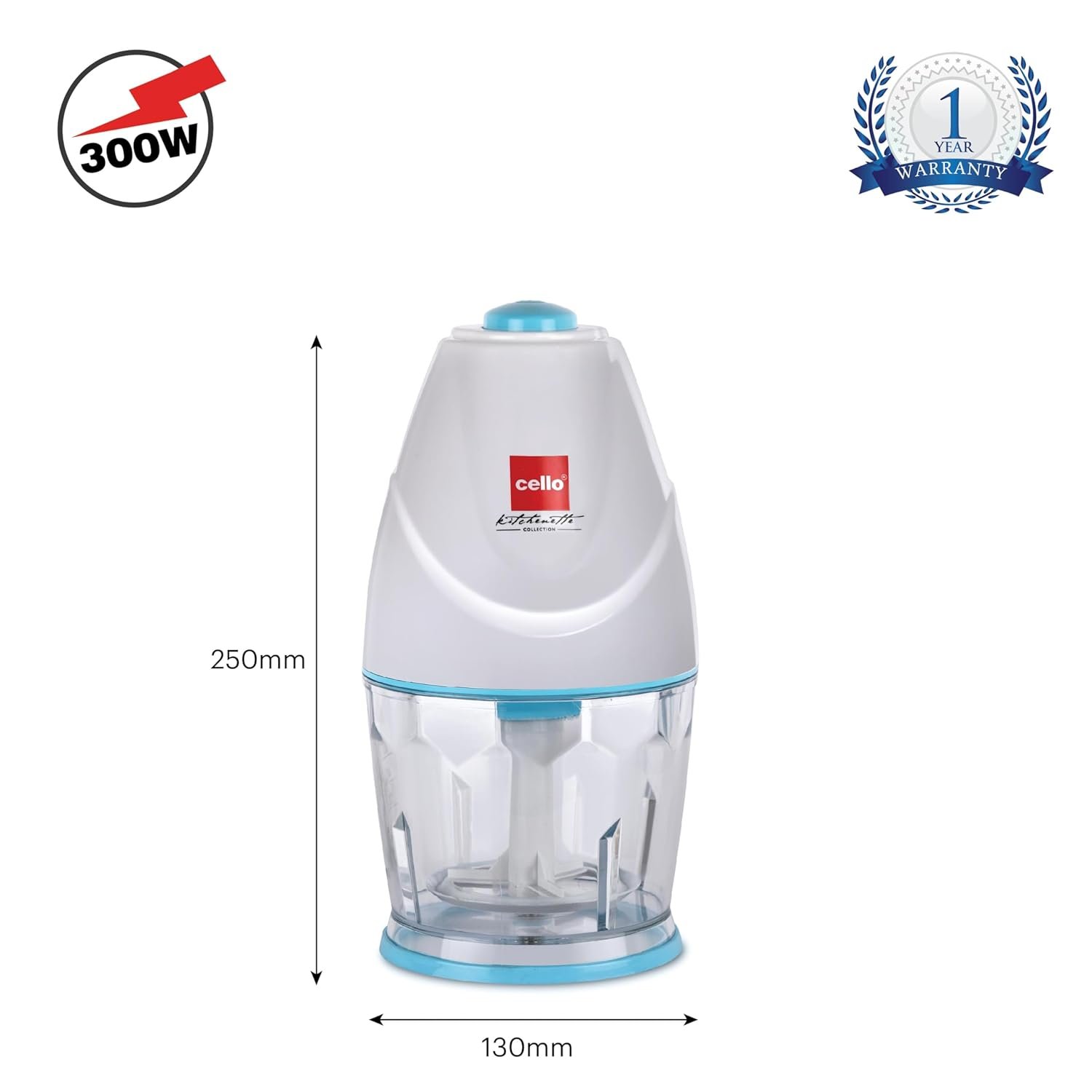 Cello Chop-N-Chop Slice Multi Functional Electric Chopper |Stainless Steel Blades |Low Noise & One Touch Button | Electric Vegetable & Fruit Chopper | White & Blue 300W