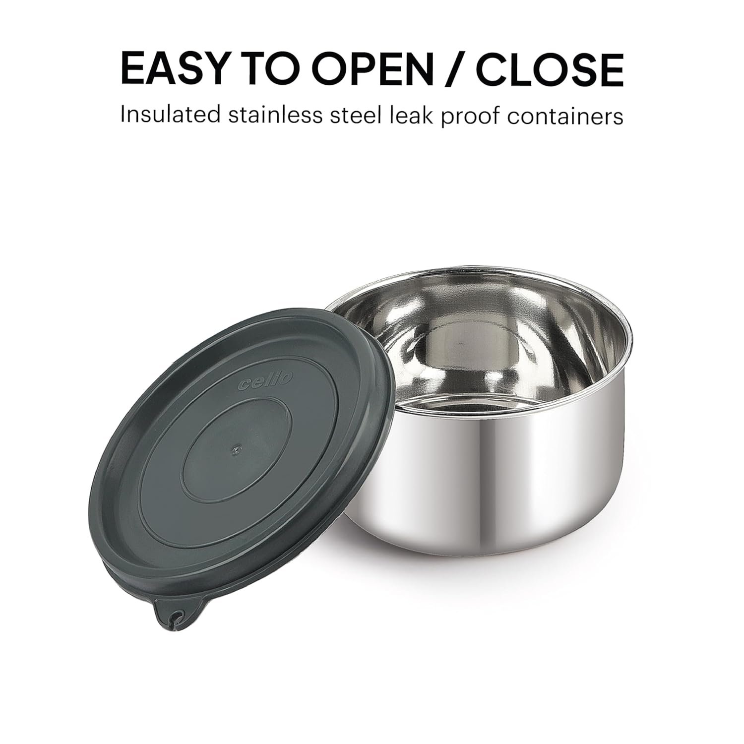 CELLO Bite Buddy Deluxe Stainless Steel Lunch Box with Bag, Grey | 2 x 300ml Steel Round Container, 1 x 500ml Oval Container, Fork & Spoon | BPA Free, Air Tight, Rust & Leakproof Office Tiffin Box