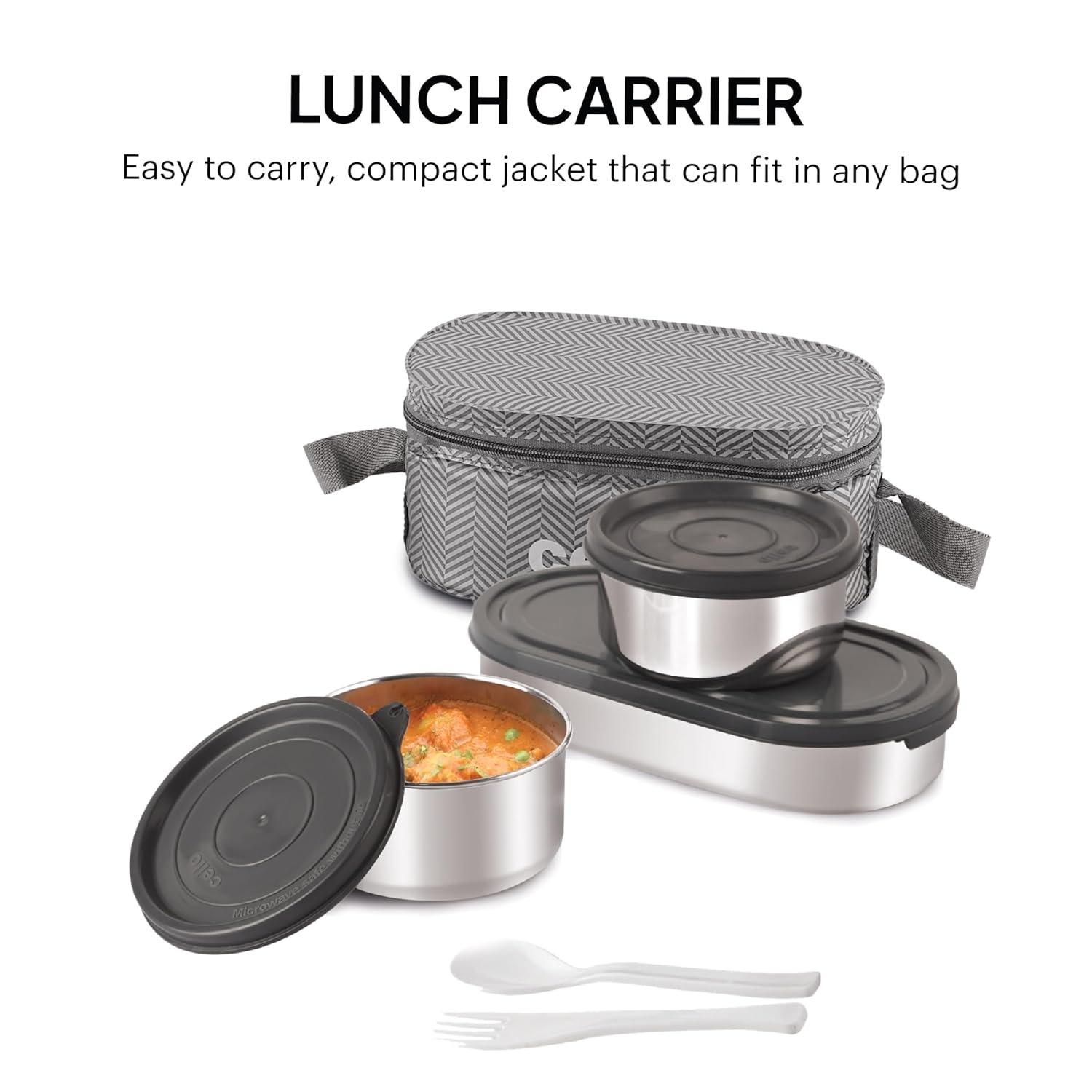 CELLO Bite Buddy Deluxe Stainless Steel Lunch Box with Bag, Grey | 2 x 300ml Steel Round Container, 1 x 500ml Oval Container, Fork & Spoon | BPA Free, Air Tight, Rust & Leakproof Office Tiffin Box