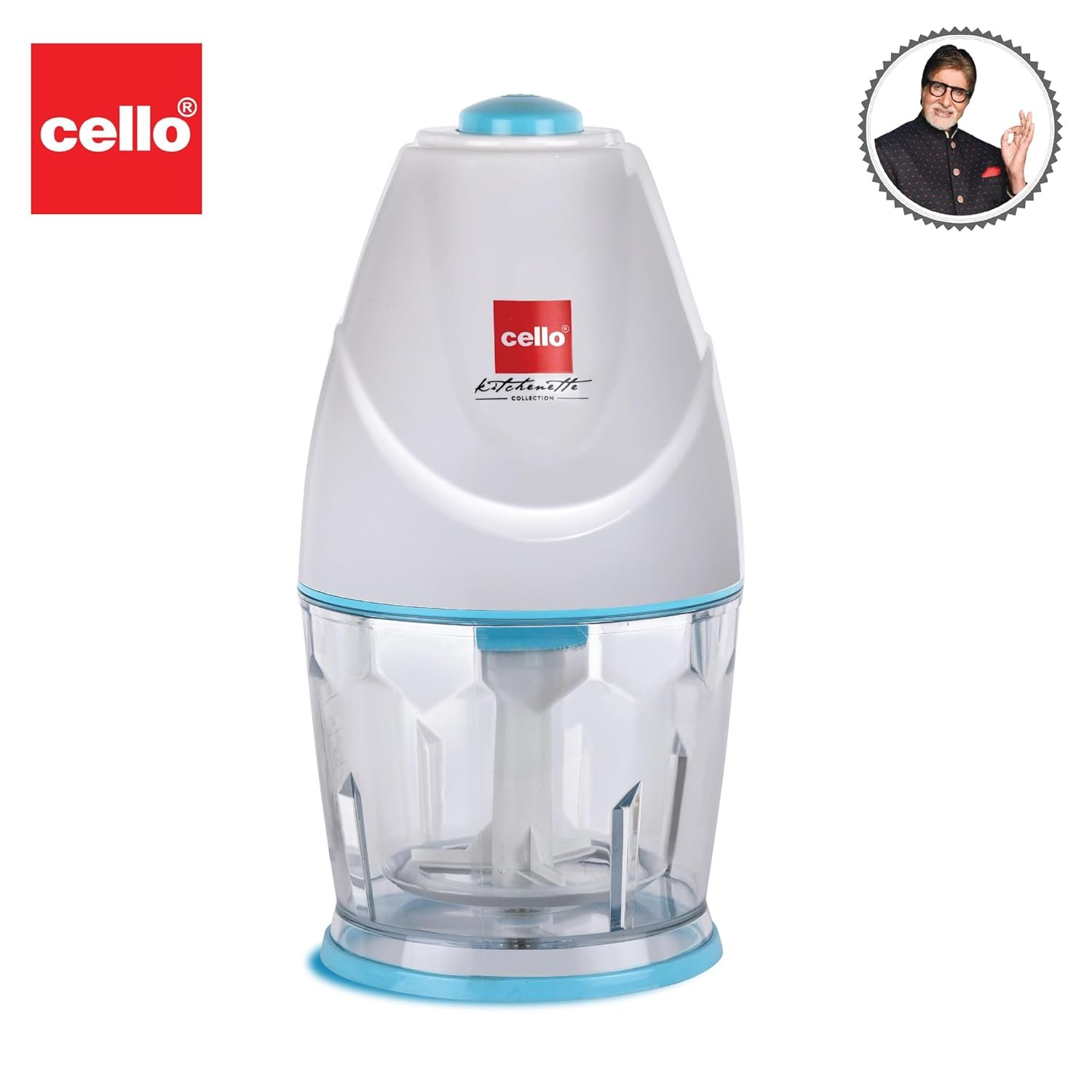 Cello Chop-N-Chop Slice Multi Functional Electric Chopper |Stainless Steel Blades |Low Noise & One Touch Button | Electric Vegetable & Fruit Chopper | White & Blue 300W