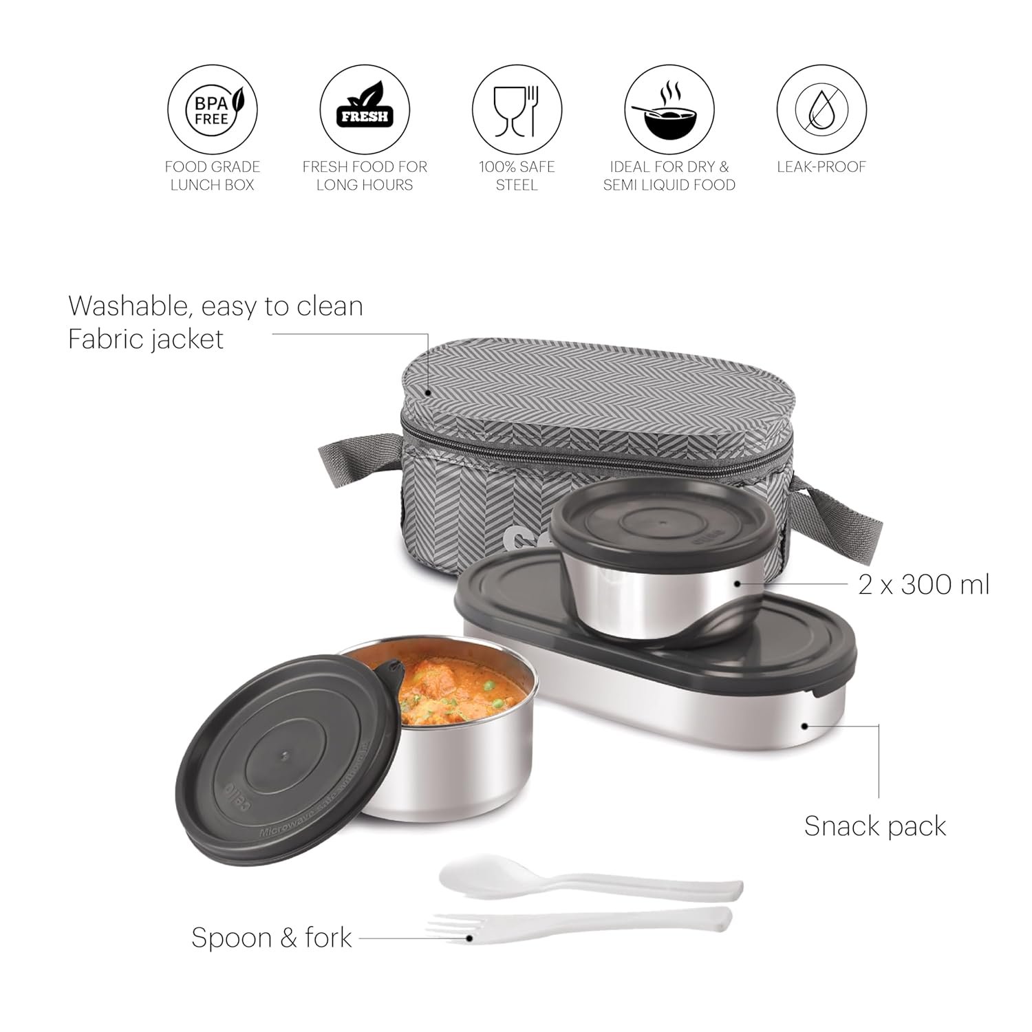 CELLO Bite Buddy Deluxe Stainless Steel Lunch Box with Bag, Grey | 2 x 300ml Steel Round Container, 1 x 500ml Oval Container, Fork & Spoon | BPA Free, Air Tight, Rust & Leakproof Office Tiffin Box