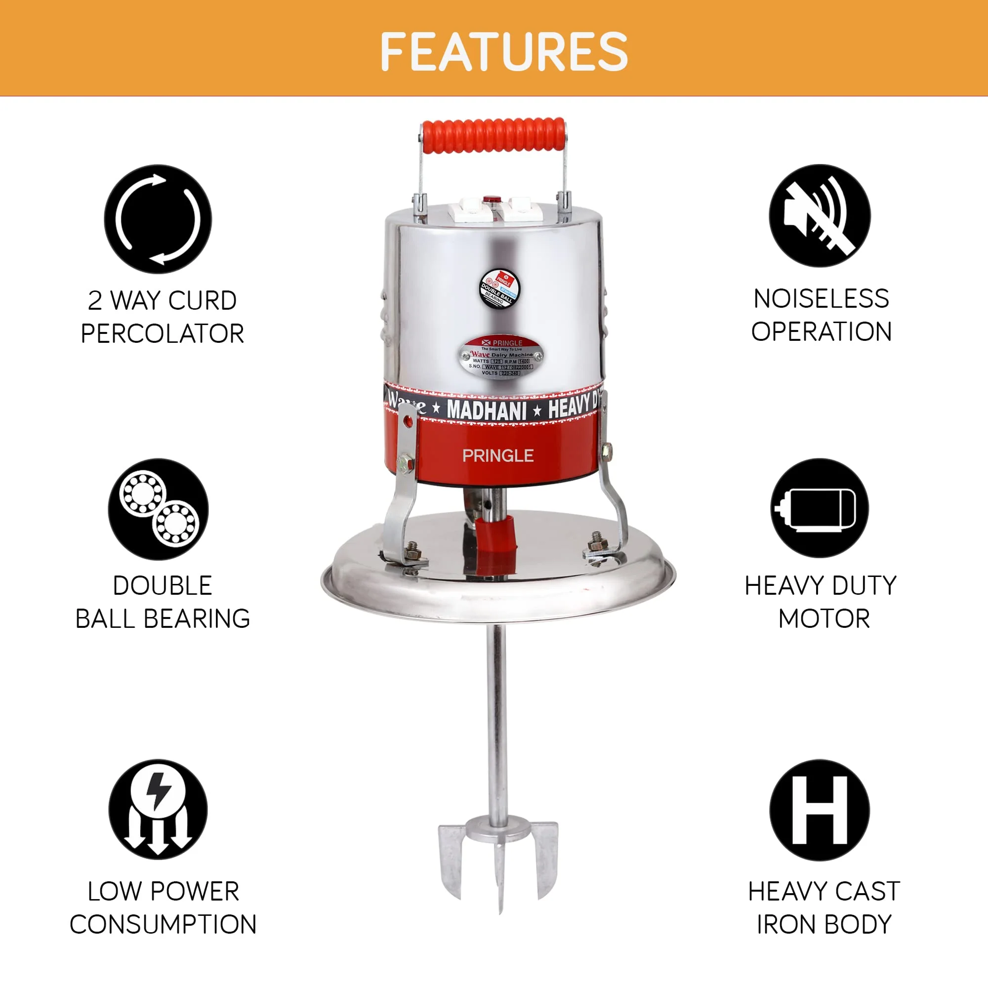 Pringle wave electric madhani for curd,ghee(Cooper winding-Double ball bearing)125 watt,hand blender