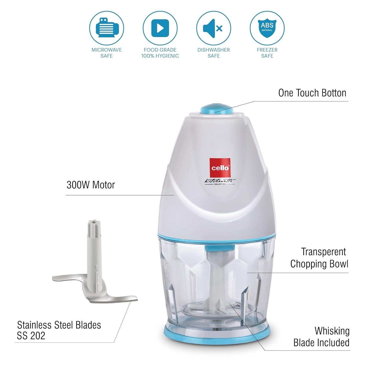 Cello Chop-N-Chop Slice Multi Functional Electric Chopper |Stainless Steel Blades |Low Noise & One Touch Button | Electric Vegetable & Fruit Chopper | White & Blue 300W