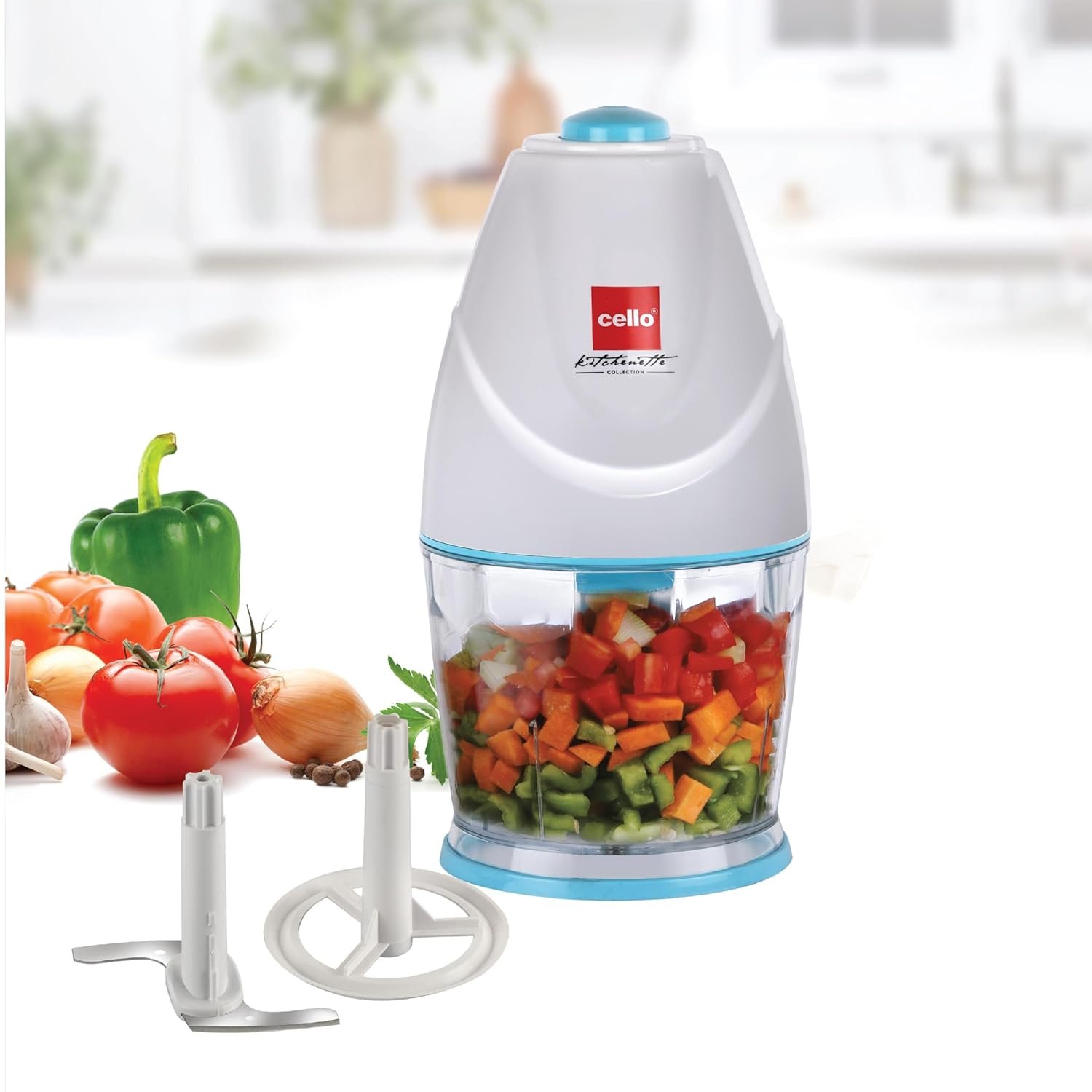 Cello Chop-N-Chop Slice Multi Functional Electric Chopper |Stainless Steel Blades |Low Noise & One Touch Button | Electric Vegetable & Fruit Chopper | White & Blue 300W
