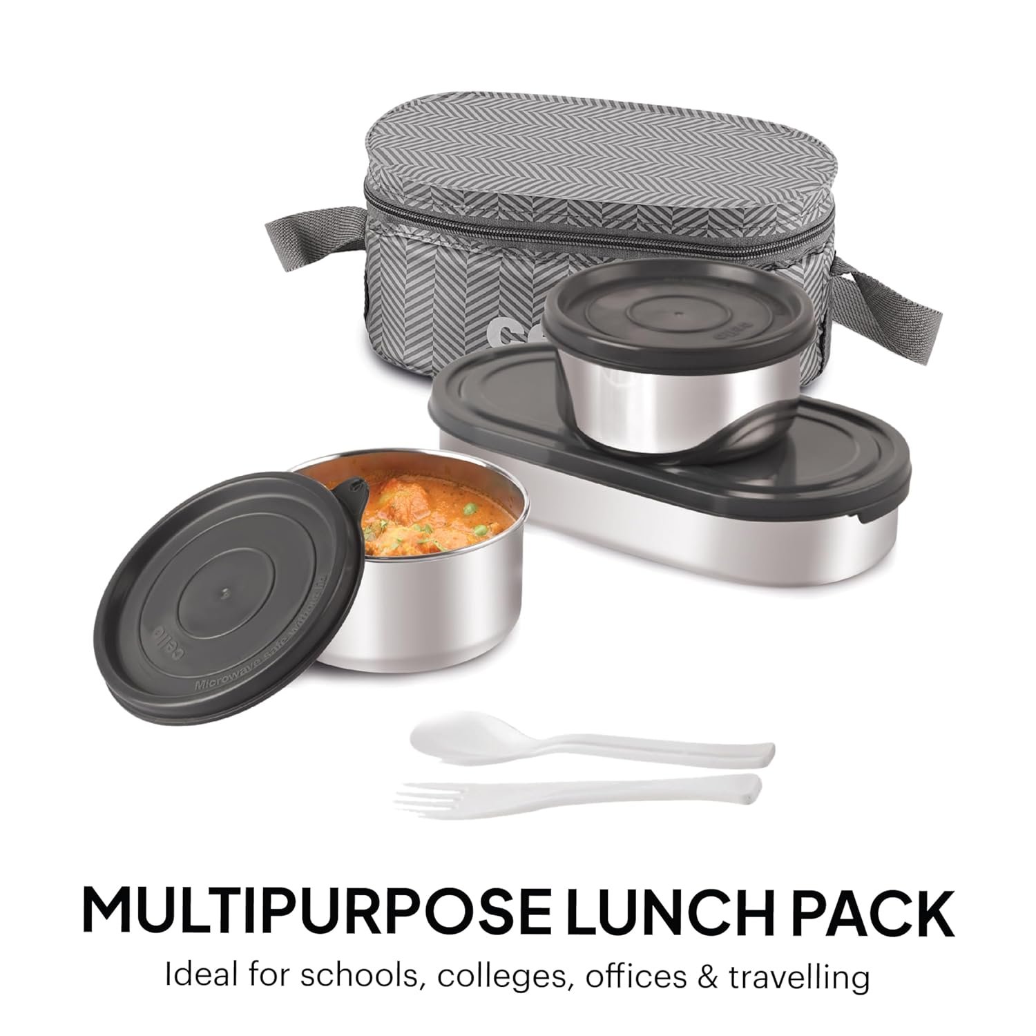 CELLO Bite Buddy Deluxe Stainless Steel Lunch Box with Bag, Grey | 2 x 300ml Steel Round Container, 1 x 500ml Oval Container, Fork & Spoon | BPA Free, Air Tight, Rust & Leakproof Office Tiffin Box