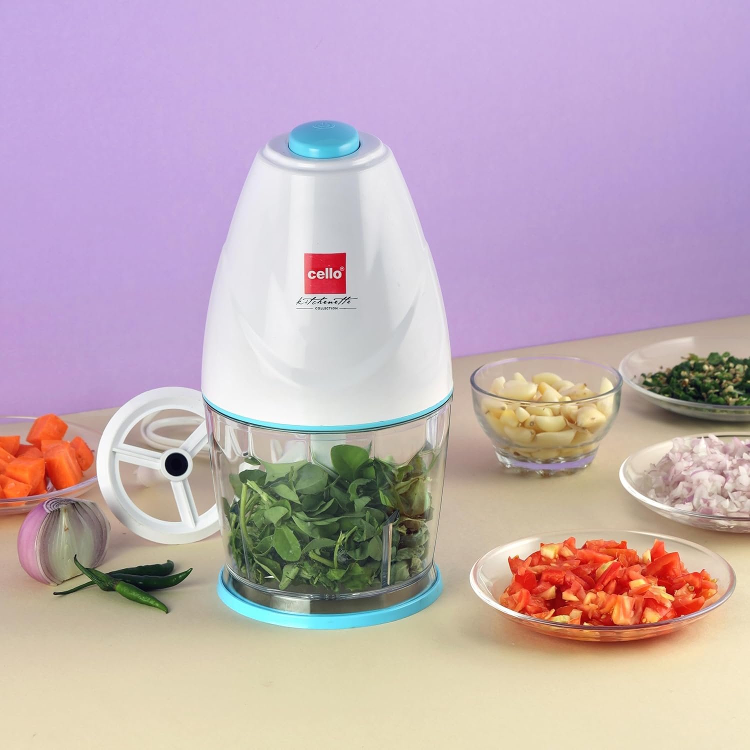 Cello Chop-N-Chop Slice Multi Functional Electric Chopper |Stainless Steel Blades |Low Noise & One Touch Button | Electric Vegetable & Fruit Chopper | White & Blue 300W