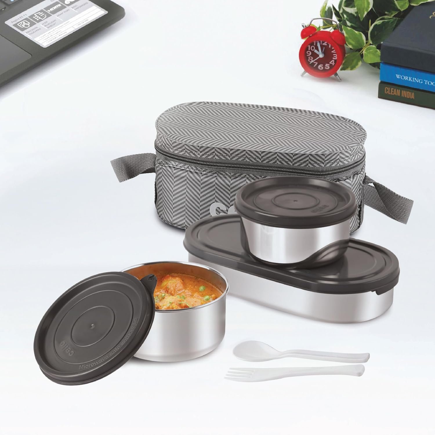 CELLO Bite Buddy Deluxe Stainless Steel Lunch Box with Bag, Grey | 2 x 300ml Steel Round Container, 1 x 500ml Oval Container, Fork & Spoon | BPA Free, Air Tight, Rust & Leakproof Office Tiffin Box