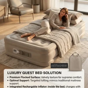 Inflator bed for home use camping outdoor 6ft approx lenghth with small inflatable pillow rechargeable inflator and deinflator