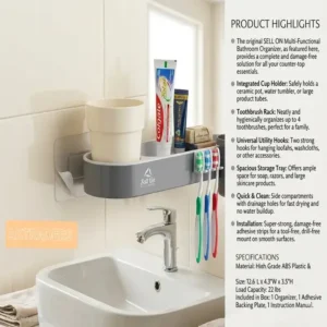 Multi-Functional Bathroom Organizer stickable on glass and plain tiles self adhesive withi 24-48 hours