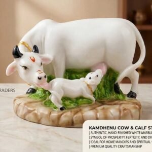 Bring Home Blessings of Abundance: Authentic Hand-Finished White Marble Kamdhenu Cow & Calf Statue,showpiece ,gifts,gifting