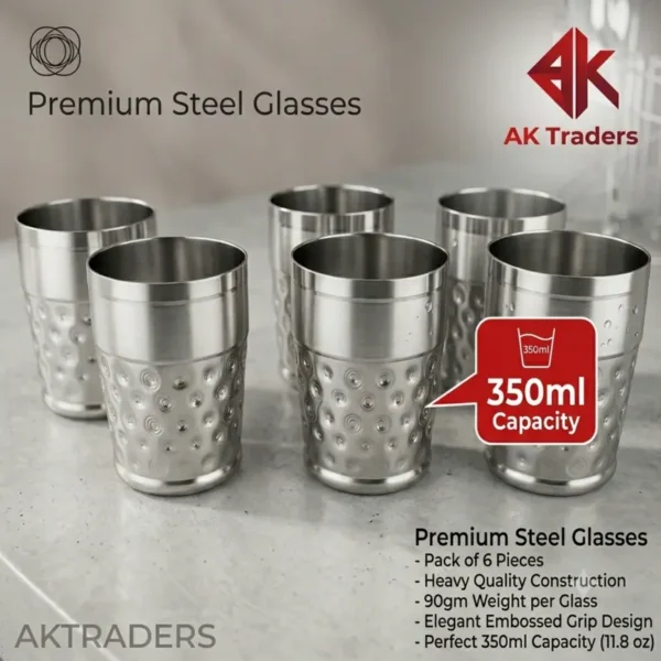 Premium Stainless Steel Glasses (Pack of 6) by AK Traders glass mathar design range heavy glass