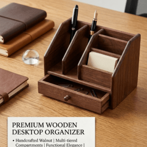 Premium Wooden Desktop Organizer wooden pen stand card stand holder