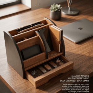 AKTRADERS Elegant Wooden Multi-Compartment Desk Organizer & Pen Stand wooden holder