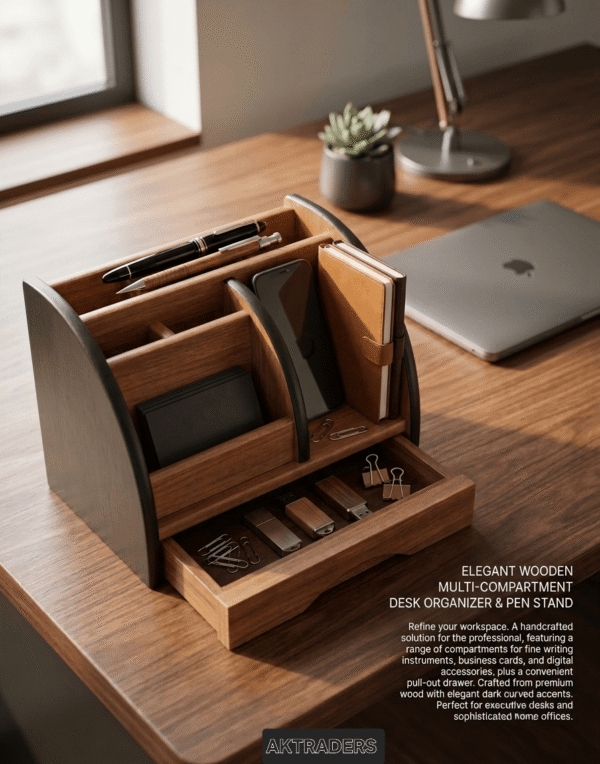AKTRADERS Elegant Wooden Multi-Compartment Desk Organizer & Pen Stand wooden holder