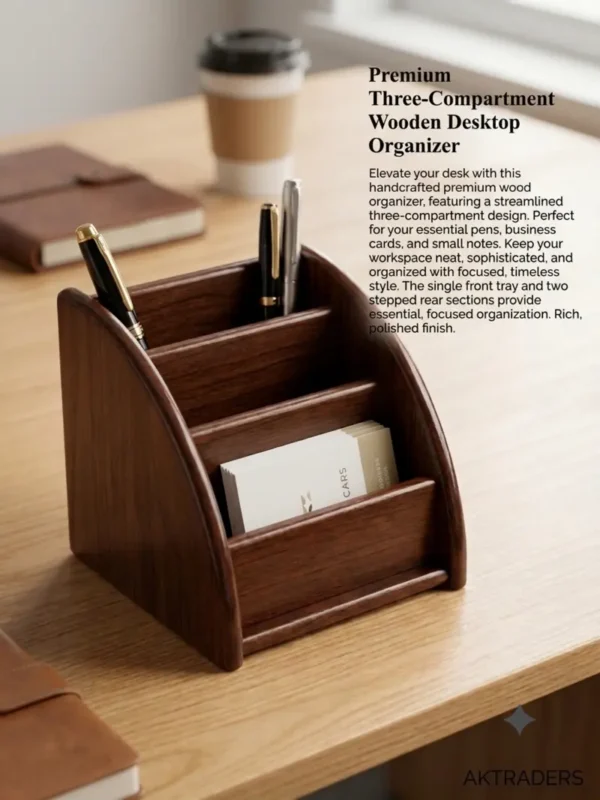 Premium Three-Compartment Wooden Desktop Organizer wooden stand holder organizer