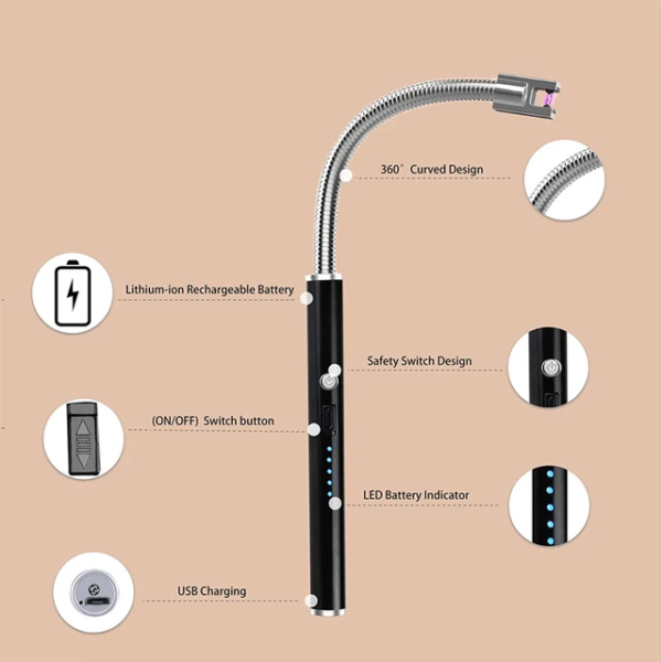 -NsNPrsxMKl9IT8BWNEn Rechargeable USB Electric Arc Lighter – 360° Flexible Neck, Flameless, Windproof Lighter with LED Battery Indicator